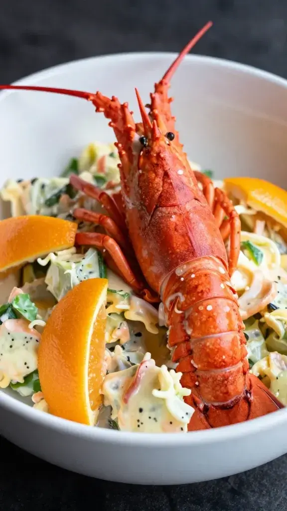 Closeup of lobster salad bowl with citrus dressing portrait