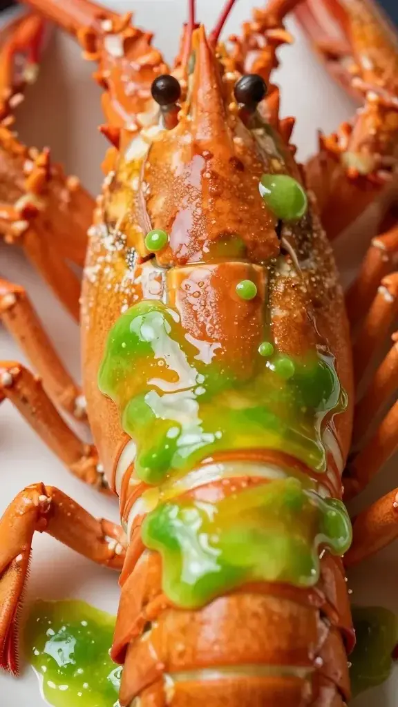 Extreme closeup of lobster meat in greens, citrus glaze focus