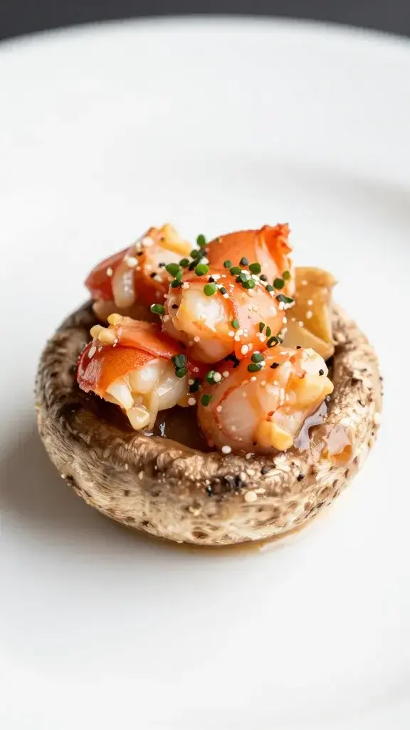 Closeup lobster stuffed mushroom cap on white plate