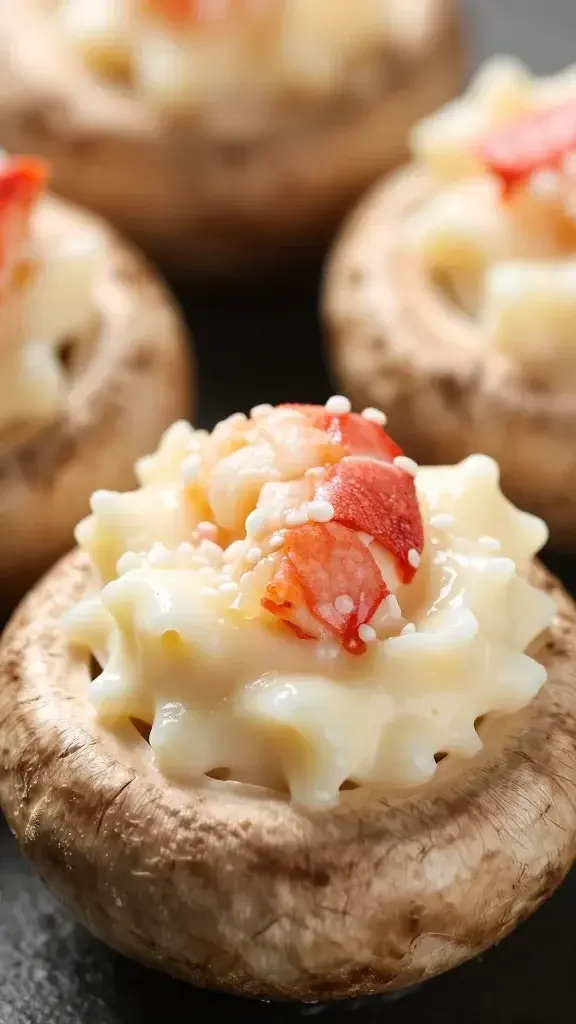 Macro shot of creamy lobster filling in mushroom cap