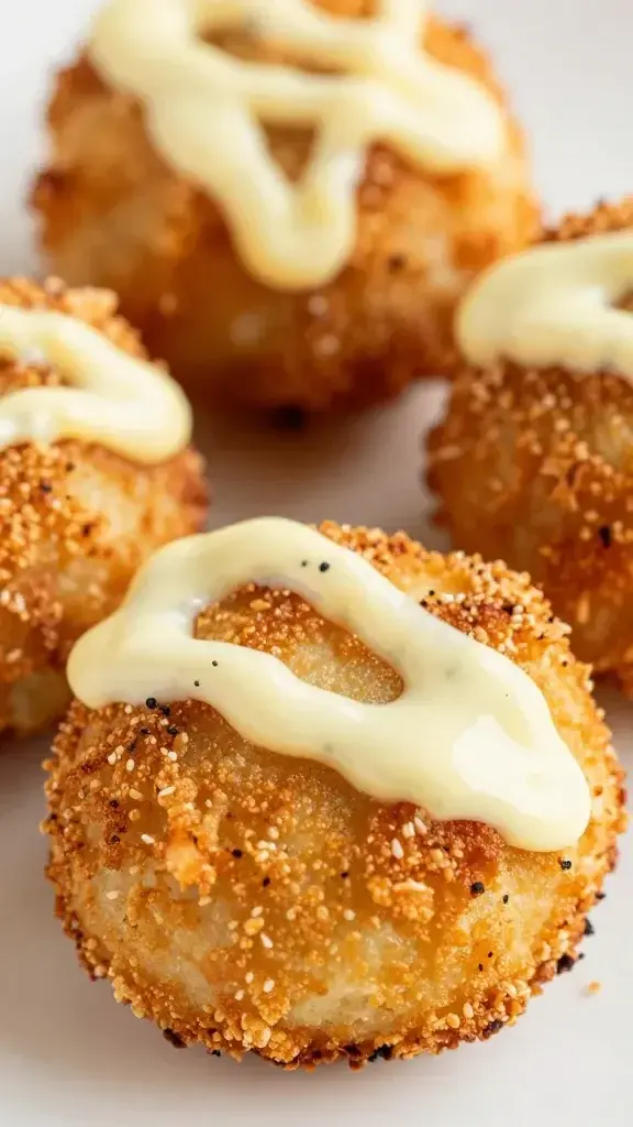 Close-up of crispy lobster cake with lemon aioli drizzle