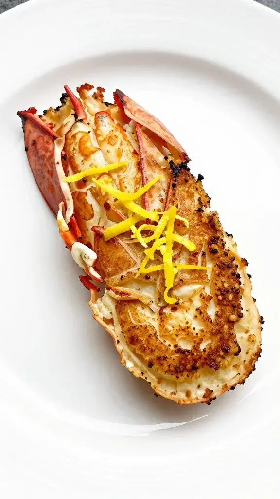 Single lobster cake slice on bright plate, lemon zest garnish