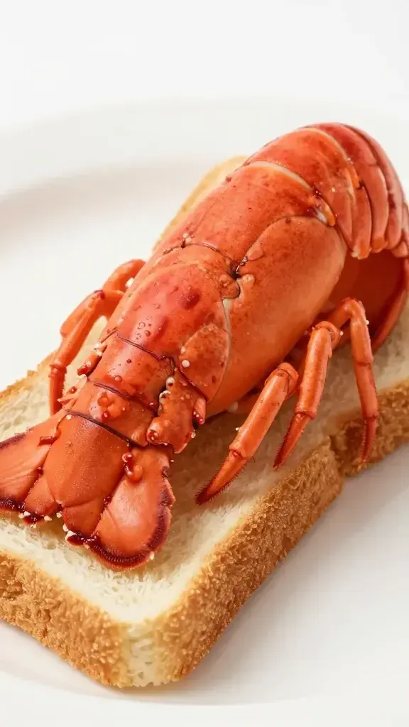 Closeup of a single lobster piece resting on a crisp toast point
