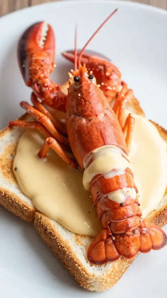 Closeup of a single lobster claw atop a toast triangle with creamy sherry sauce