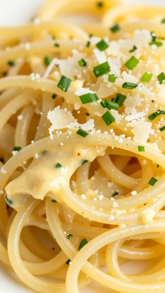 closeup of butter lobster pasta strand with chives and parmesan