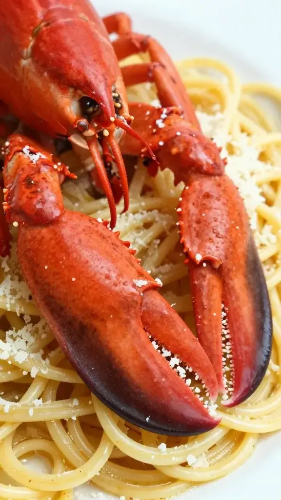 closeup of glossy lobster claw atop pasta with grated parmesan