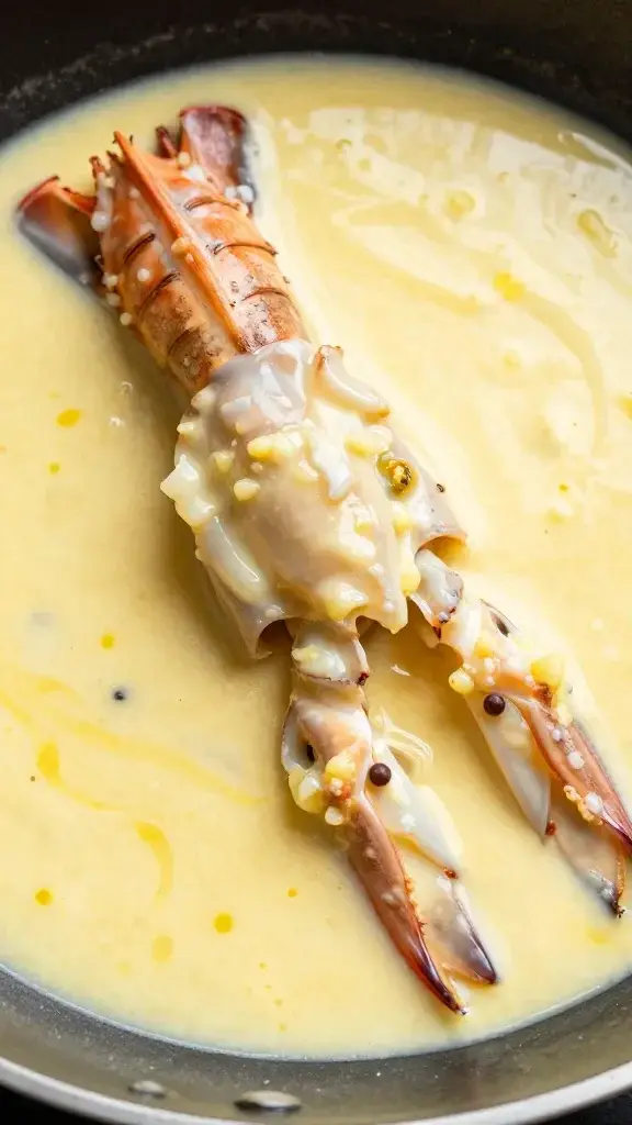 Closeup of langostino tails in silky lemon-garlic cream sauce on skillet