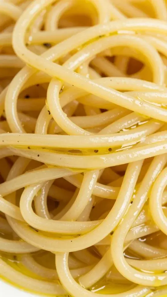 closeup of glossy lobster pasta strands with olive oil