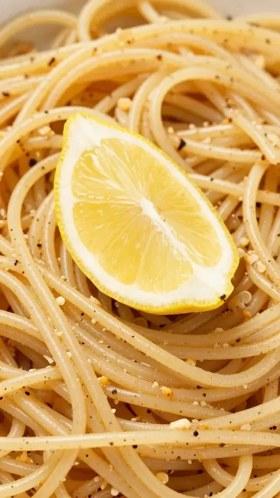 single lemon wedge on garlic-flecked lobster pasta surface
