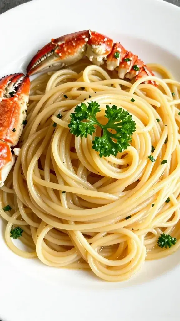 closeup of crab and lobster linguine with parsley twirl on a white plate