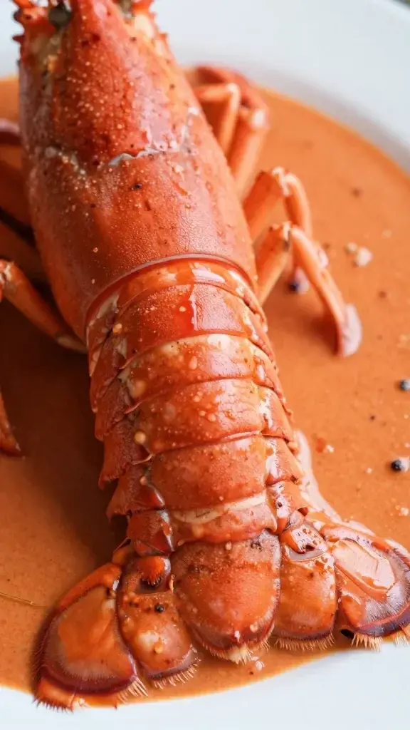 closeup of lobster tail on creamy tomato vodka sauce