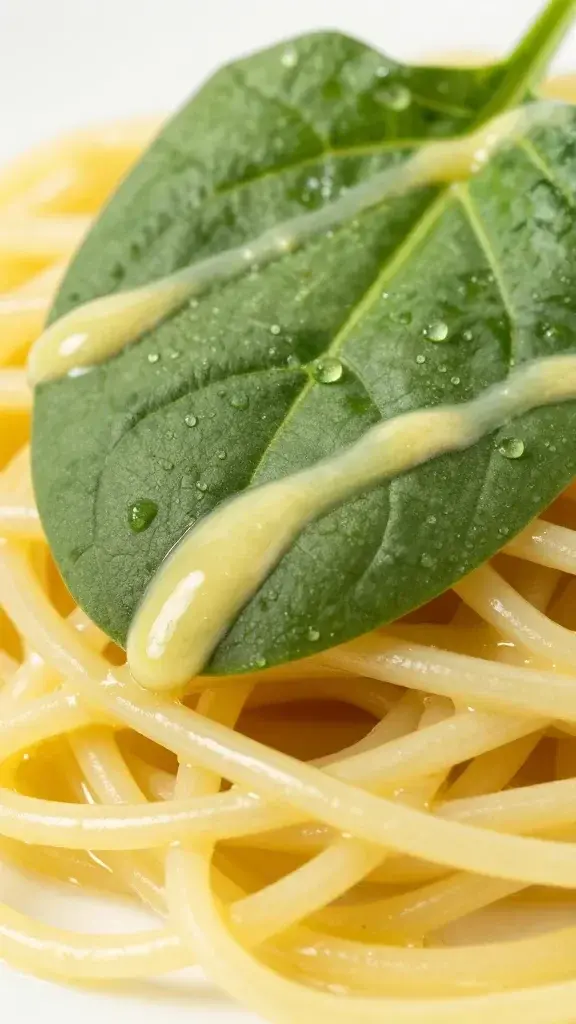 macro shot of spinach leaves atop glossy linguini with lemon drizzle