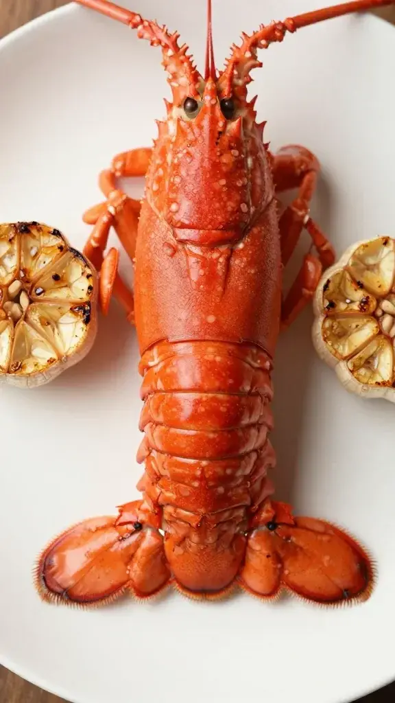 closeup of lobster tail halves on a light cream plate with roasted garlic cloves