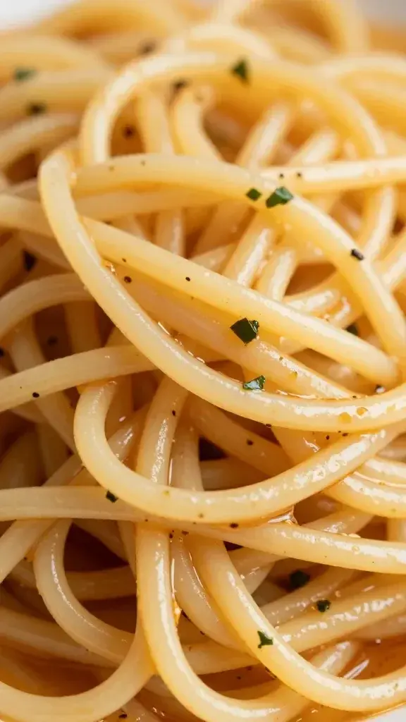 closeup of glossy lobster pasta strands with herbs and sauce, shallow depth of field