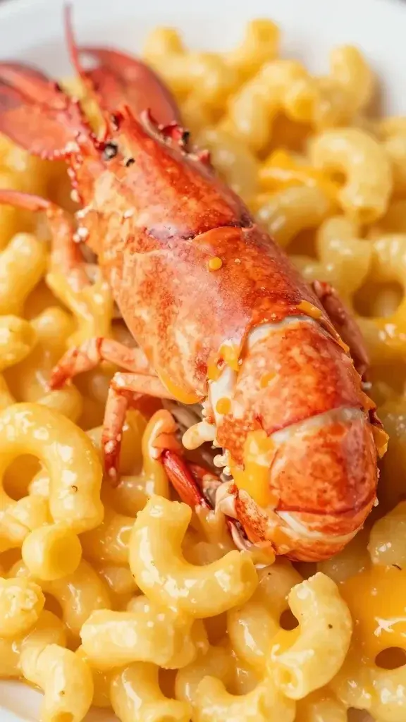 closeup of a single plated lobster mac and cheese bite with melted cheddar glaze
