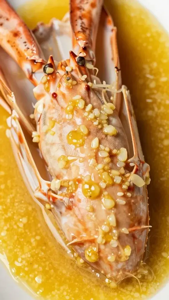 closeup of langostino on a glossy garlic-butter sauce