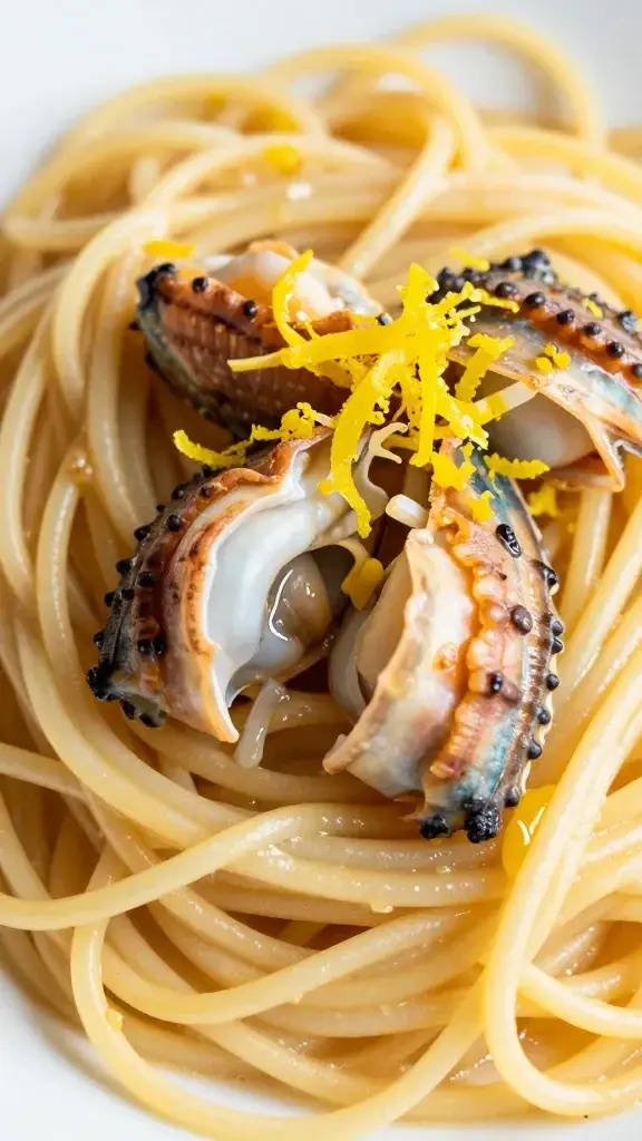 closeup of lemon zest over linguini with langostino drizzle