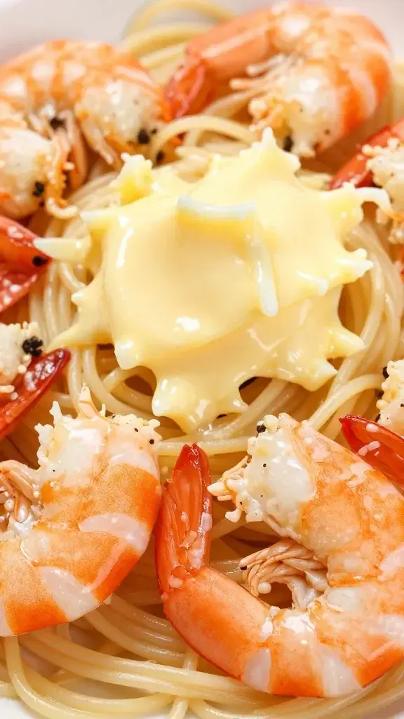closeup of lobster butter glistening over shrimp and pasta