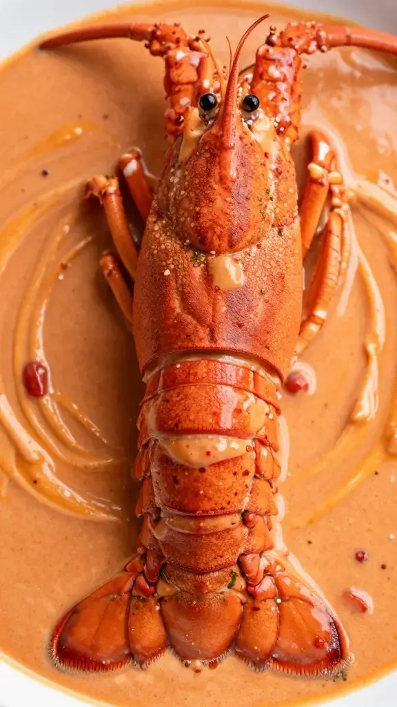 Closeup lobster tail in creamy tomato sauce swirl