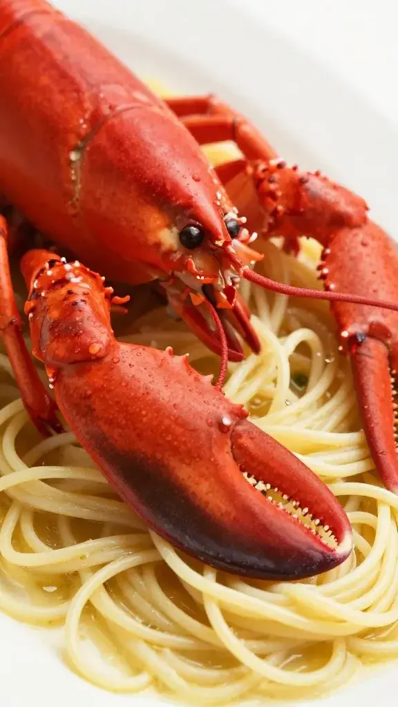 closeup of lobster claw poised over linguine in white wine sauce