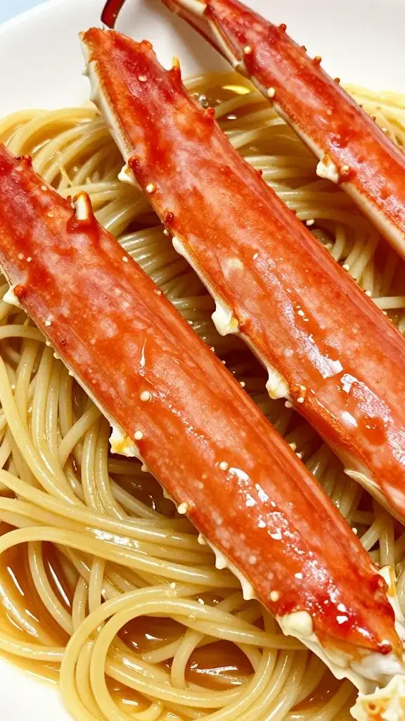 closeup of crab legs resting atop glossy linguine with wine sauce