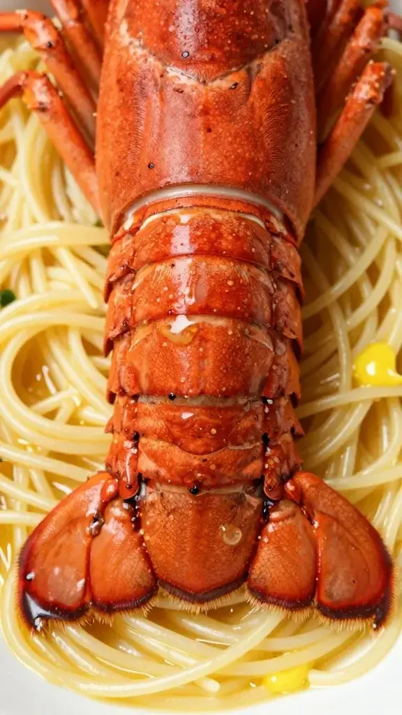 closeup of lobster tail on pasta strands with lemon butter glaze