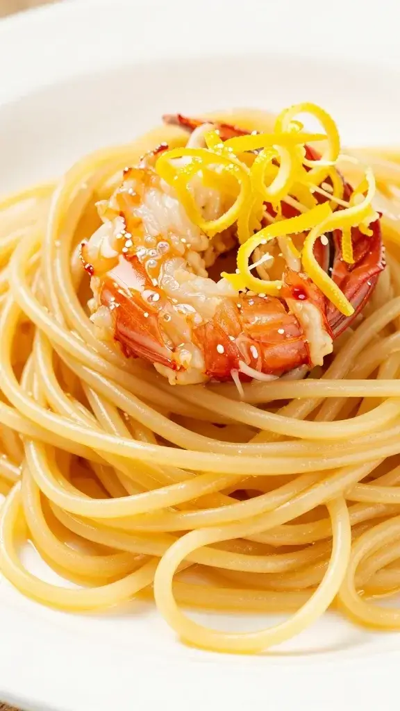 macro shot of lemon zest curls atop glossy spaghetti lobsters white plate