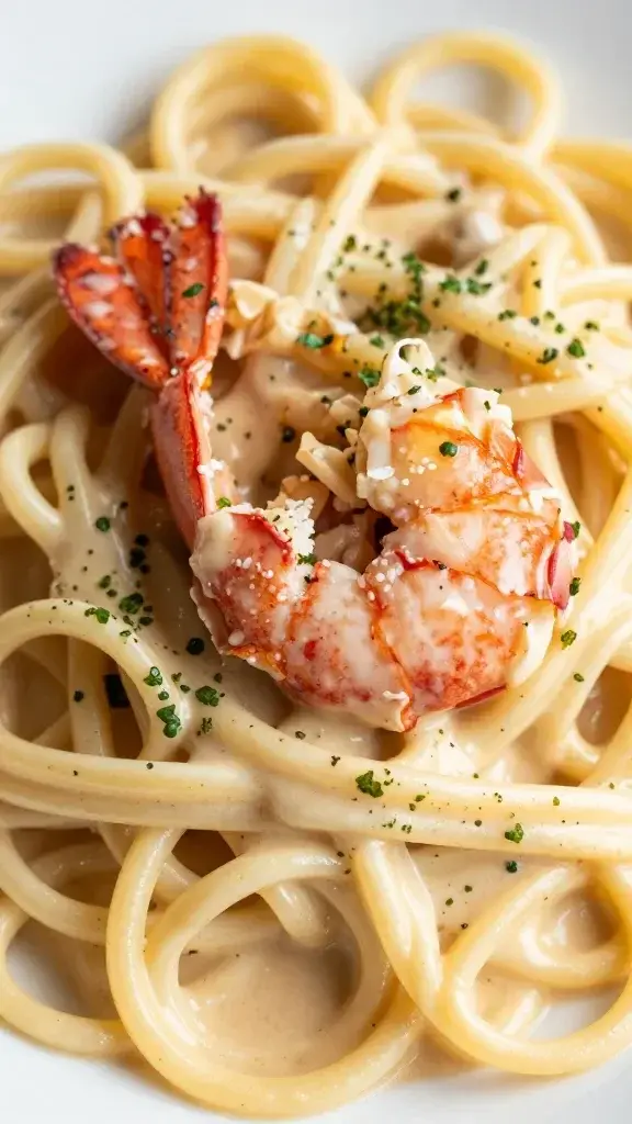 closeup of creamy lobster linguini twirl with garlic parmesan sauce