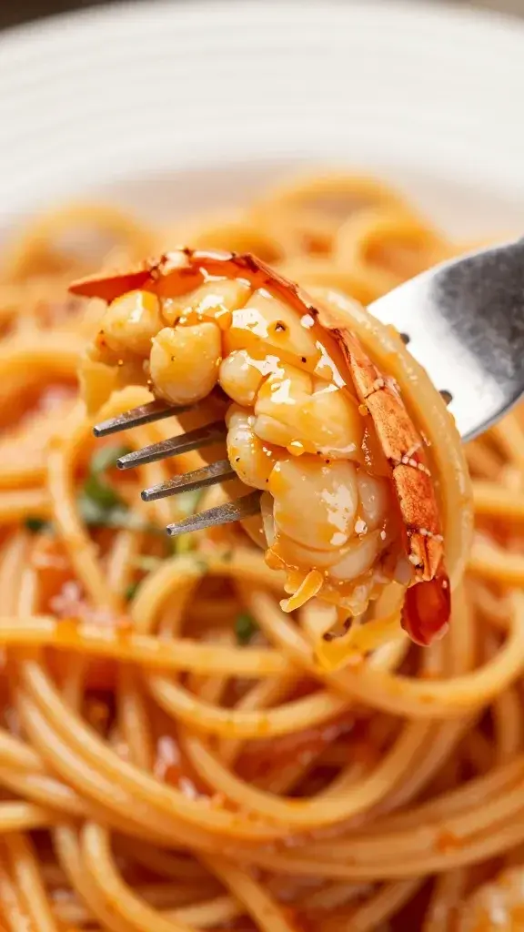 closeup of bright lobster meat on fork above glossy pasta sauce bowl