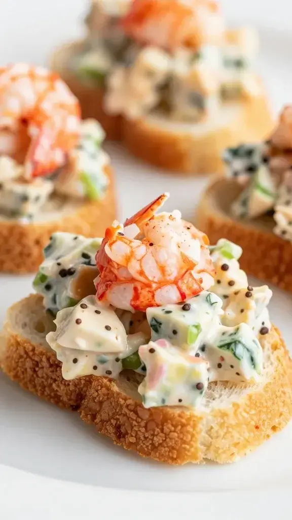 Closeup of lobster salad on mini toast bite