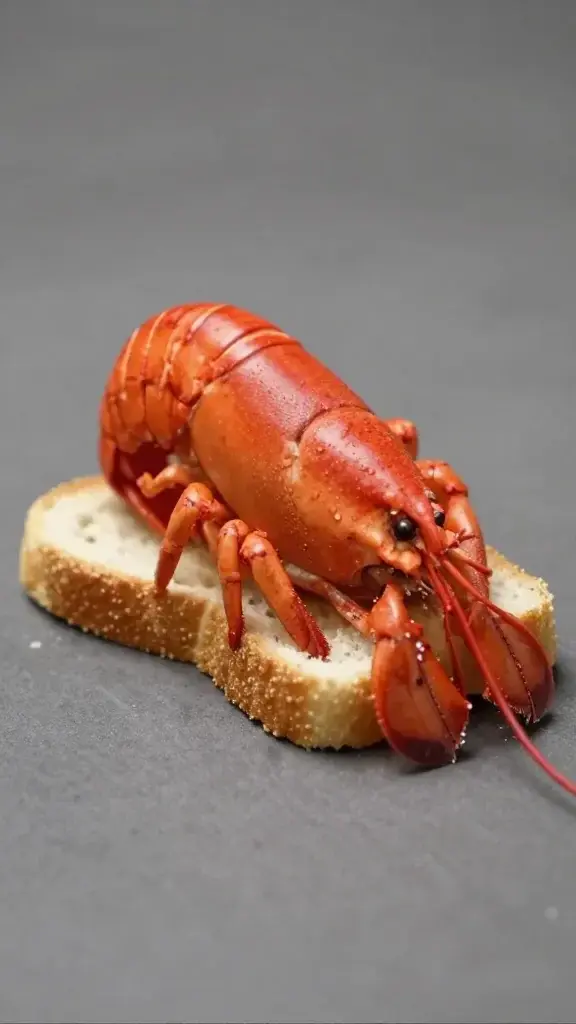 Focused shot of single lobster bite on tiny toast