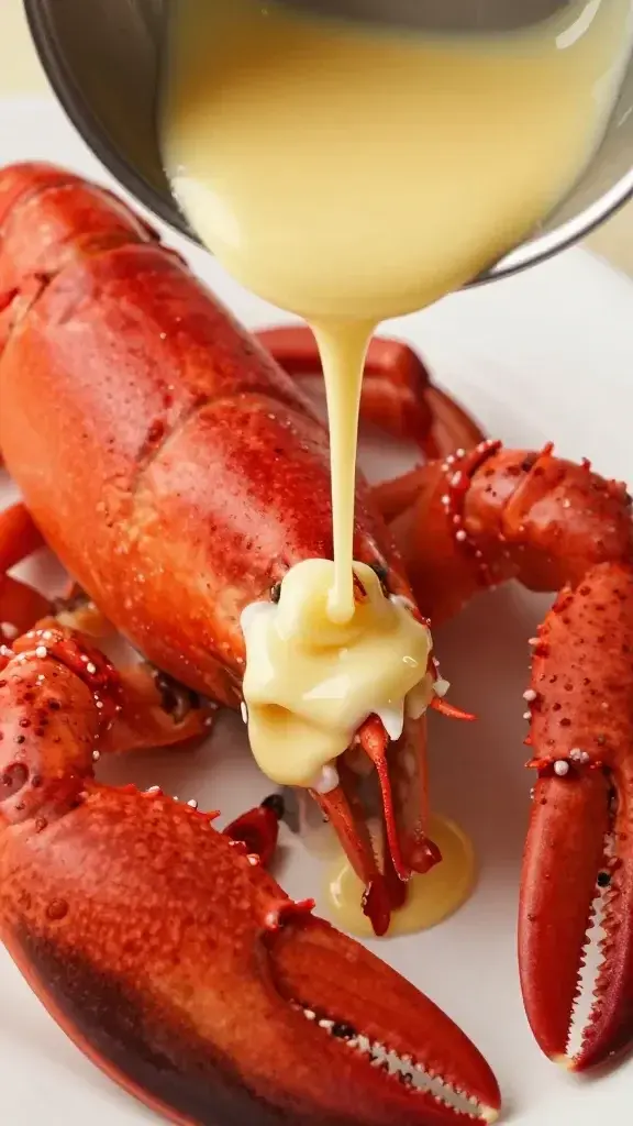 Closeup of brown butter being poured over a lobster claw