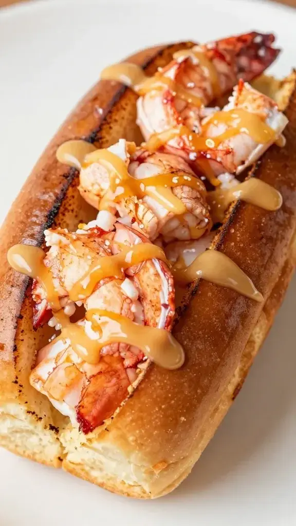 Closeup of toasted lobster roll bun with amber brown butter drizzle