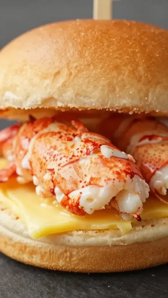 closeup of a single mini lobster roll slider in buttered top bun