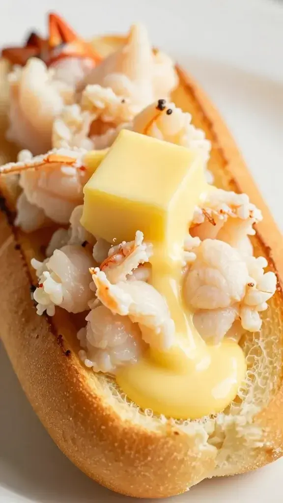 closeup lobster meat dripping butter on toasted bun