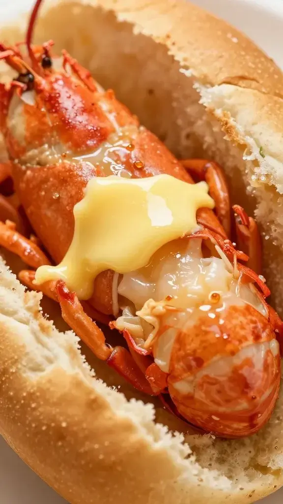 macro shot of butter-slick lobster claw meat in bun bun