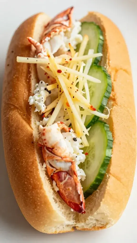 closeup of cucumber-dill lobster roll filling in brioche bun