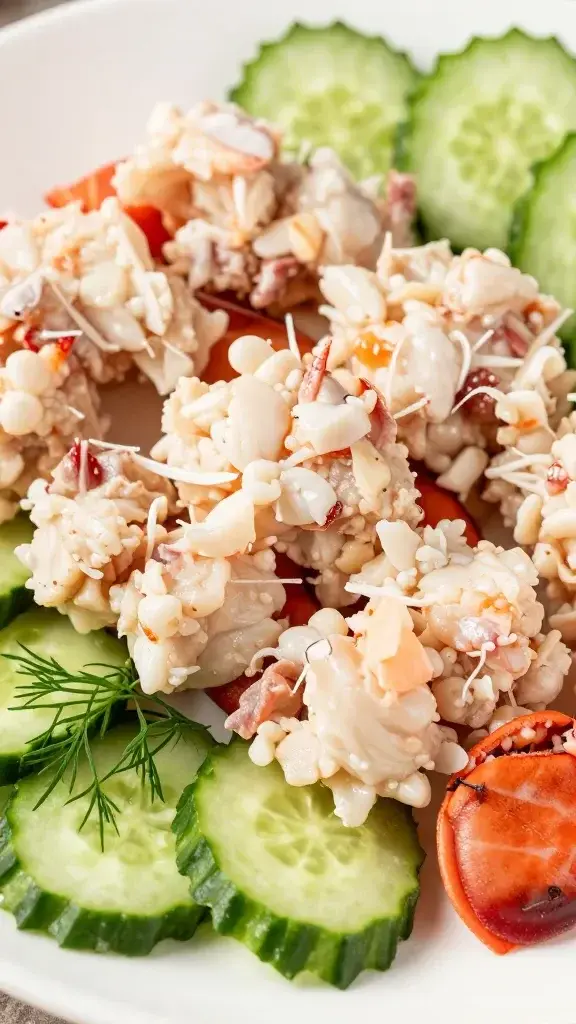 closeup of chopped lobster meat with cucumber and dill on white plate