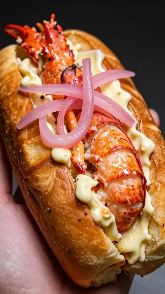 closeup of a garlic aioli lobster roll held in hand, focus on glistening lobster and pink pickled onions
