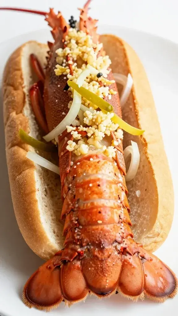 closeup of a single lobster tail on a bread roll, laden with garlic aioli, pickled onion accents in frame
