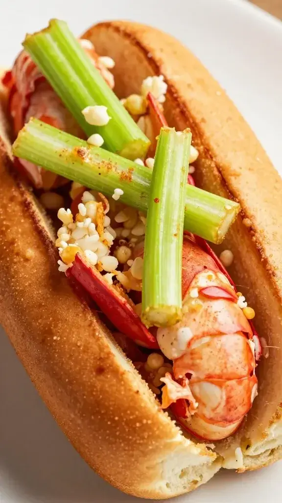 closeup of Old Bay lobster roll filling in bun, crisp celery