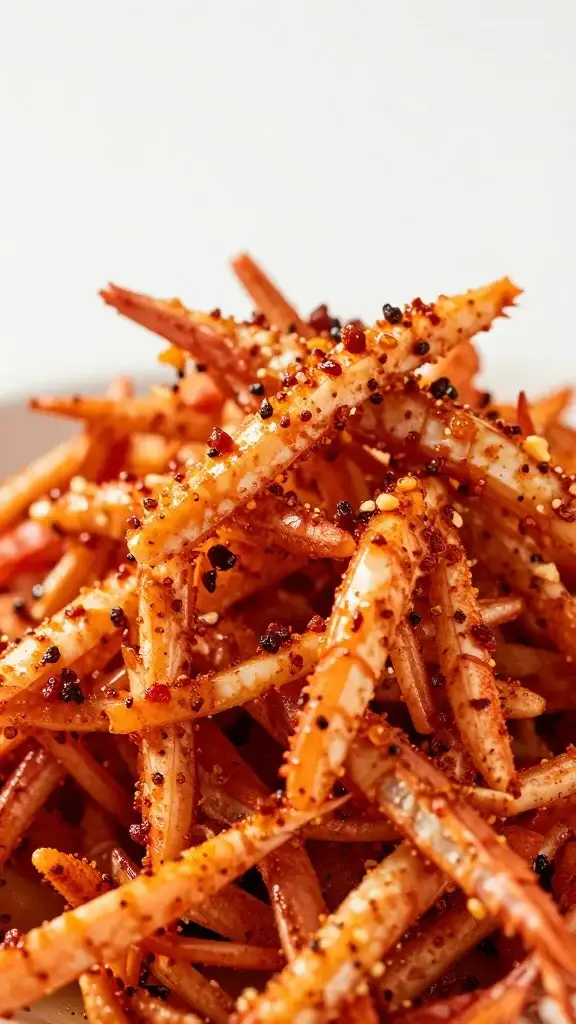 macro shot of shredded lobster with Old Bay seasoning, pale background