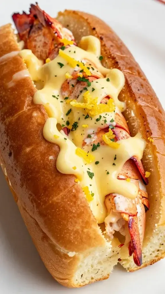 closeup of buttered lobster roll half on gleaming bun, lemon zest dust, fresh herbs drizzle
