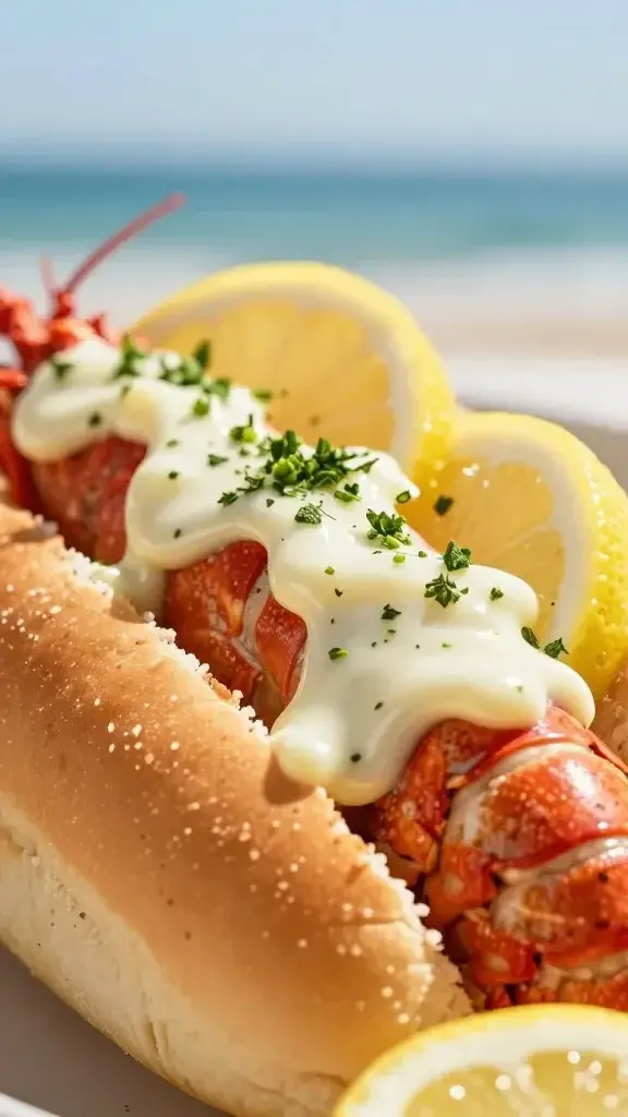 macro shot of bright lemon-herb lobster filling in bun, glossy mayo binding, sunlit coastal vibe