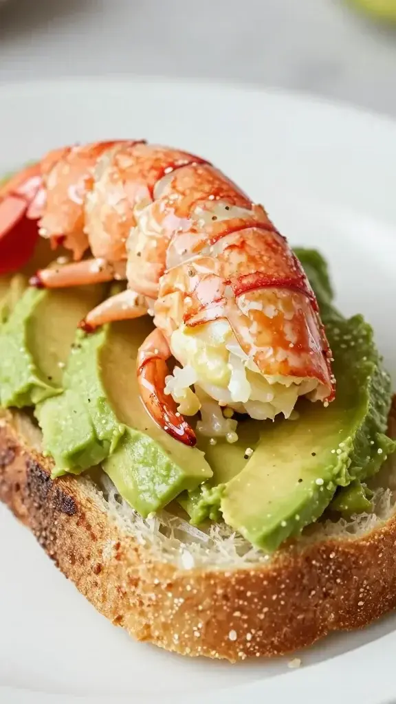 Closeup of avocado lobster on brioche toast, single bite, glossy avocado spread, fine crumb toast, soft lighting