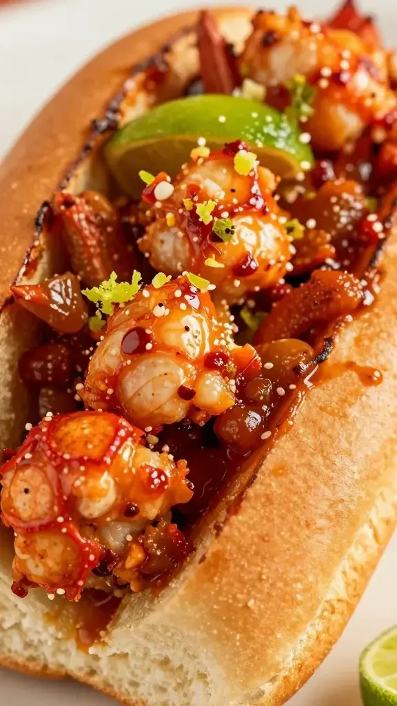 closeup of spicy Sriracha lobster meat in bun, lime zest accent