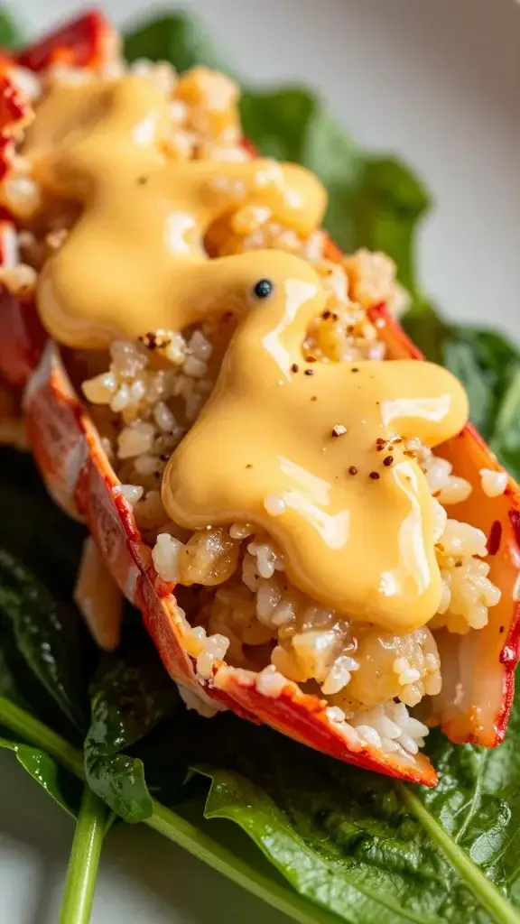 macro shot of glossy Sriracha mayo on lobster filling, crisp greens