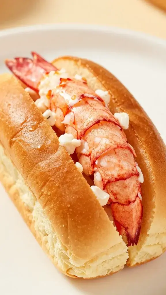 macro shot of one mini lobster roll bun with lobster filling