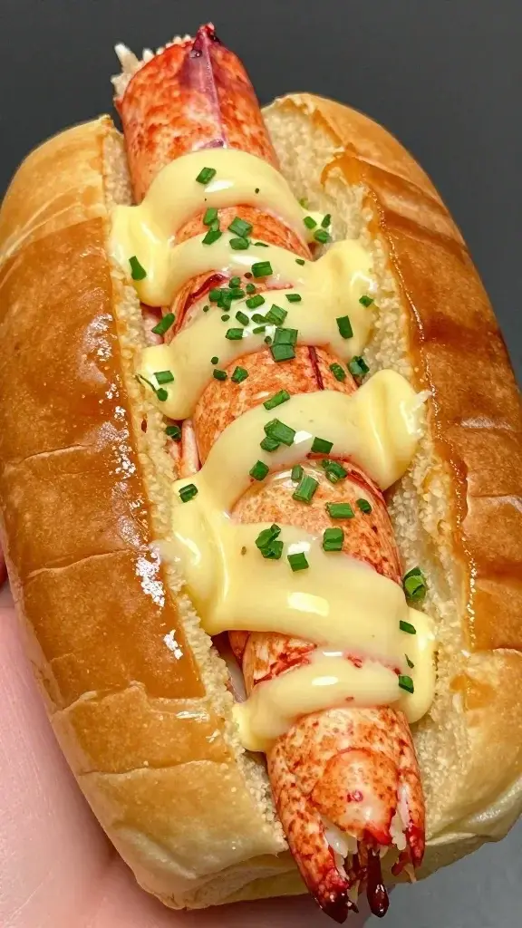 closeup of hot lobster roll in buttery split-top bun, garlic butter sheen, chives sprinkled