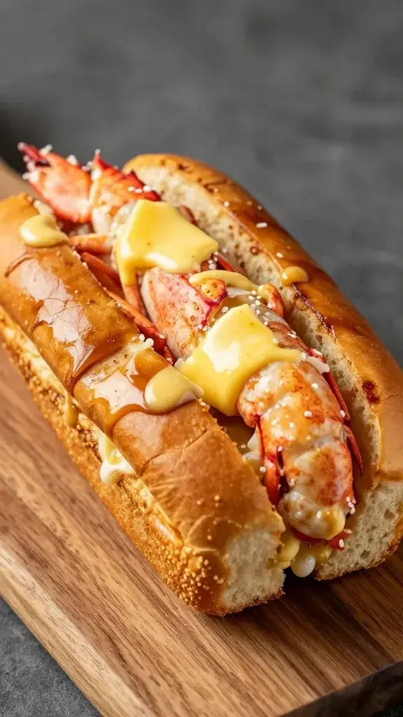 closeup of butter-slicked warm Connecticut lobster roll, single sandwich on rustic wooden board